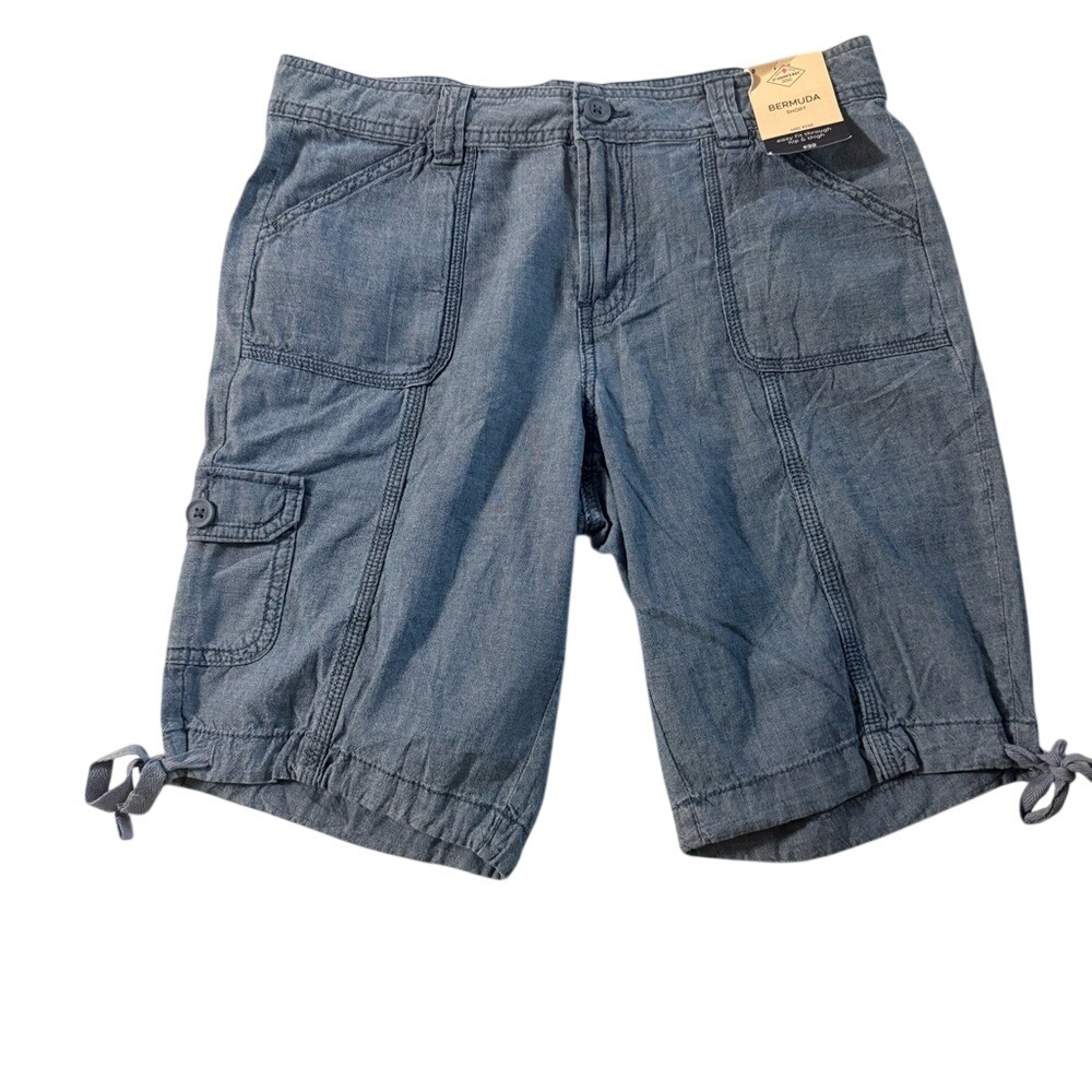 St Johns Bay Womens Bermuda Shorts Blue Cotton Mid Rise Cargo Pockets Size 8 NEW